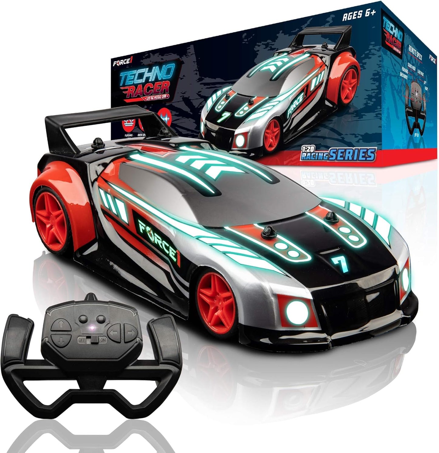 Techno Racer Remote Control Car for Kids - LED RC, High Speed Race Drift Toy with Music, Engine Sounds, Light up Car Shell, and Easy Remote Control (Red)