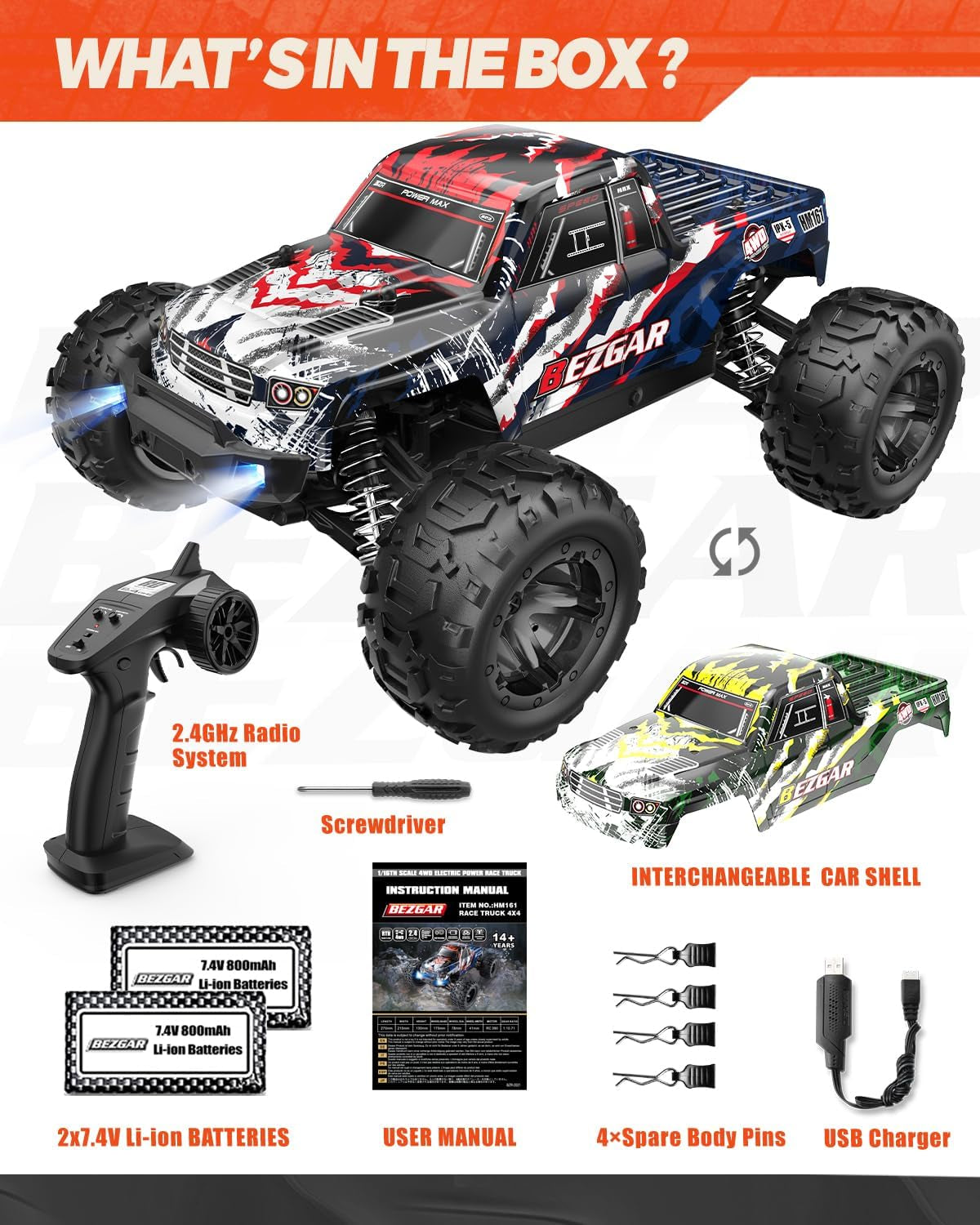HM161 Hobby Grade 1:16 Scale Remote Control Truck, 4WD High Speed 40+ Kmh All Terrains Electric Toy off Road RC Vehicle Car Crawler with 2 Rechargeable Batteries for Boys Kids and Adults