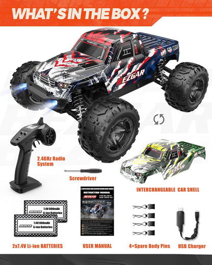 HM161 Hobby Grade 1:16 Scale Remote Control Truck, 4WD High Speed 40+ Kmh All Terrains Electric Toy off Road RC Vehicle Car Crawler with 2 Rechargeable Batteries for Boys Kids and Adults