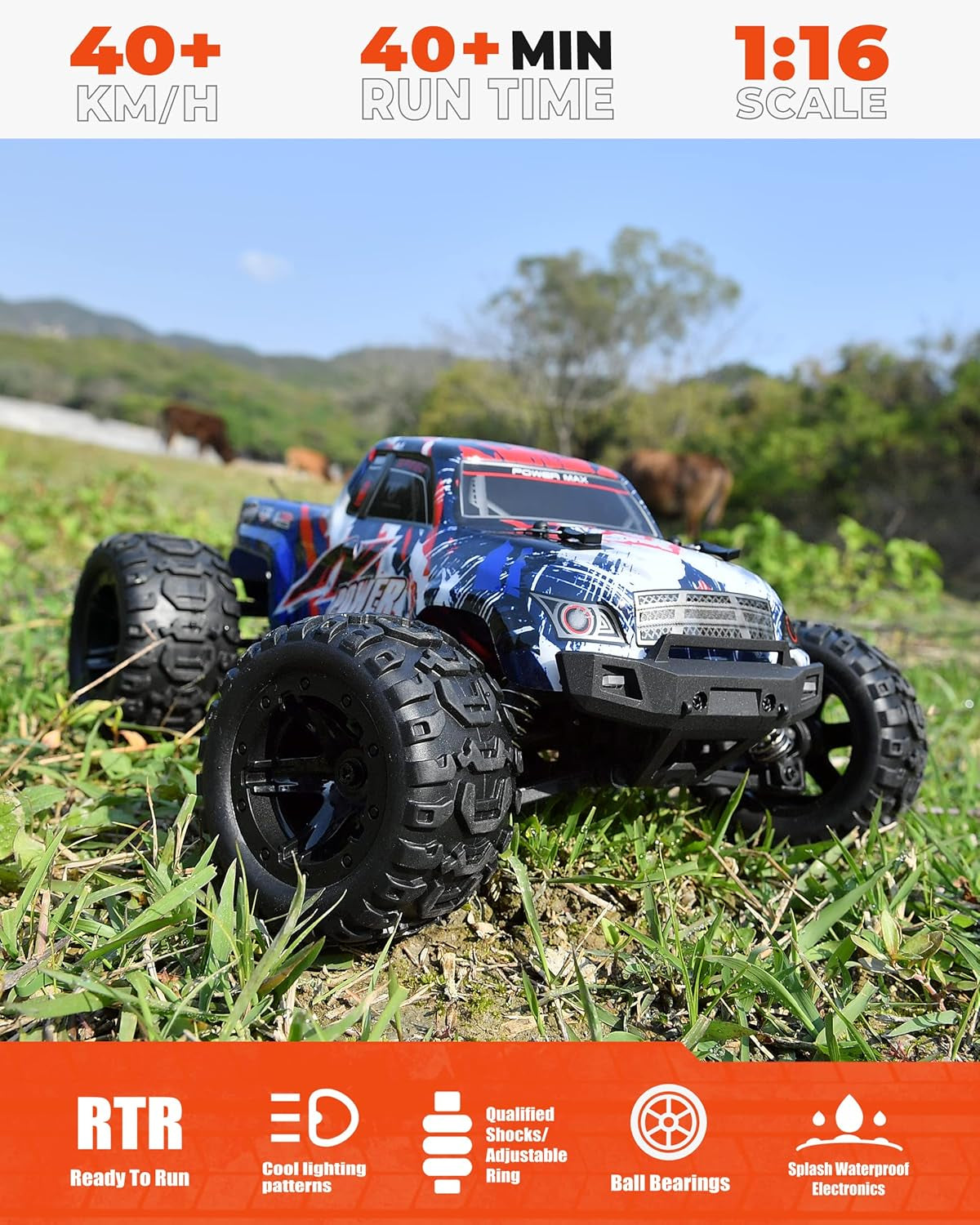 HM161 Hobby Grade 1:16 Scale Remote Control Truck, 4WD High Speed 40+ Kmh All Terrains Electric Toy off Road RC Vehicle Car Crawler with 2 Rechargeable Batteries for Boys Kids and Adults