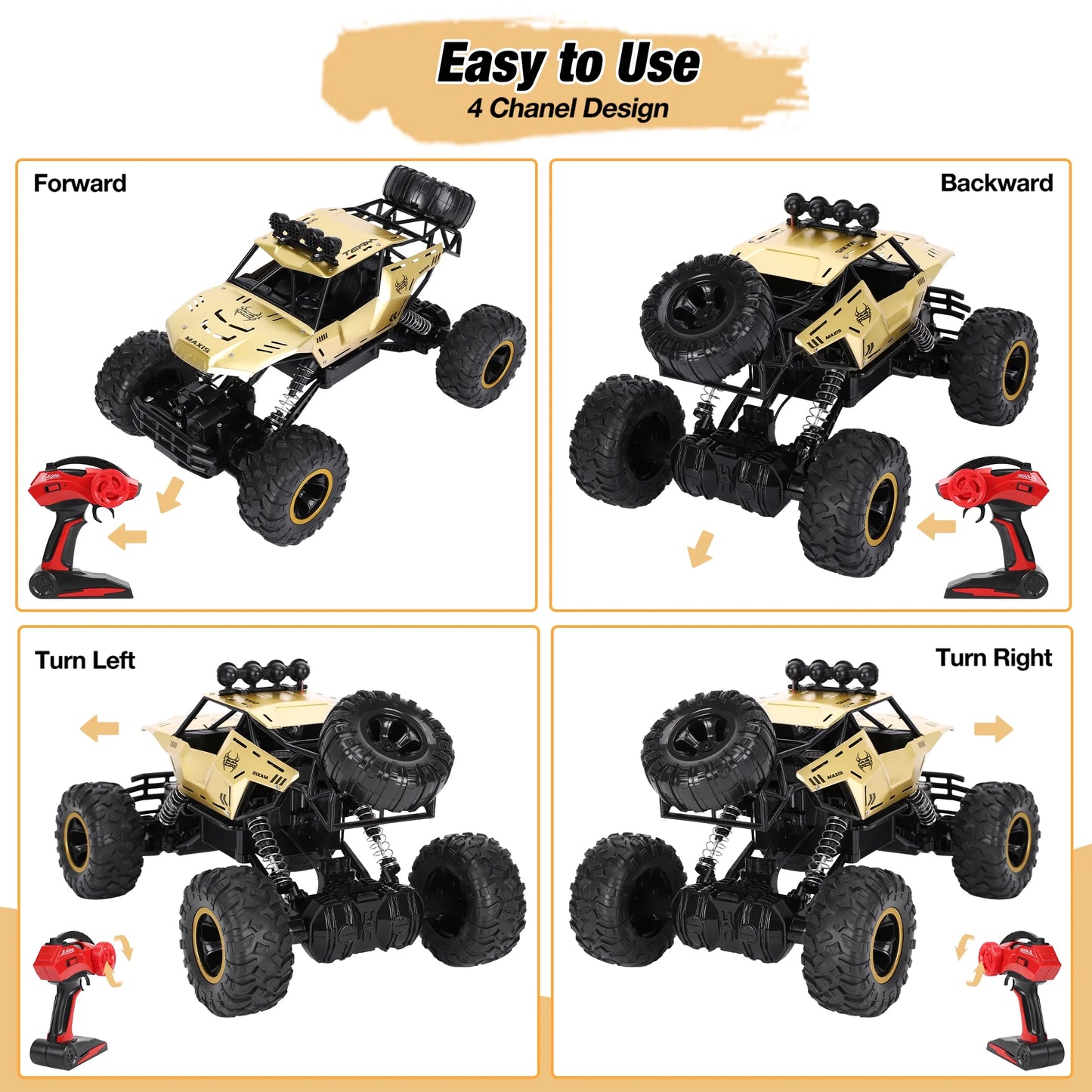 1:12 Large RC Cars, 4WD Large Remote Control Monster Truck 2.4 Ghz Alloy RC Cars for Kids Adults Aged 6 + Birthday Gifts (Gold)