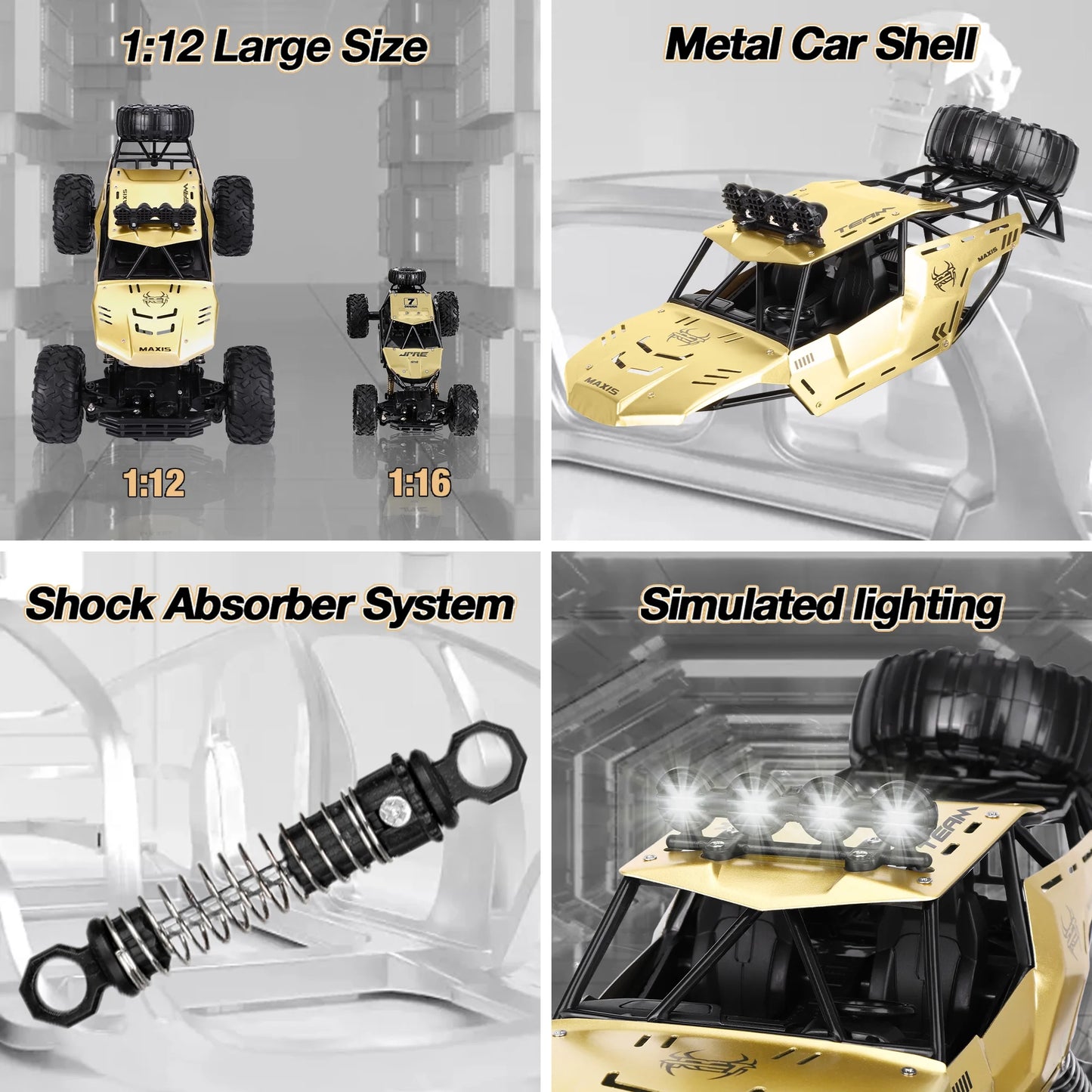 1:12 Large RC Cars, 4WD Large Remote Control Monster Truck 2.4 Ghz Alloy RC Cars for Kids Adults Aged 6 + Birthday Gifts (Gold)