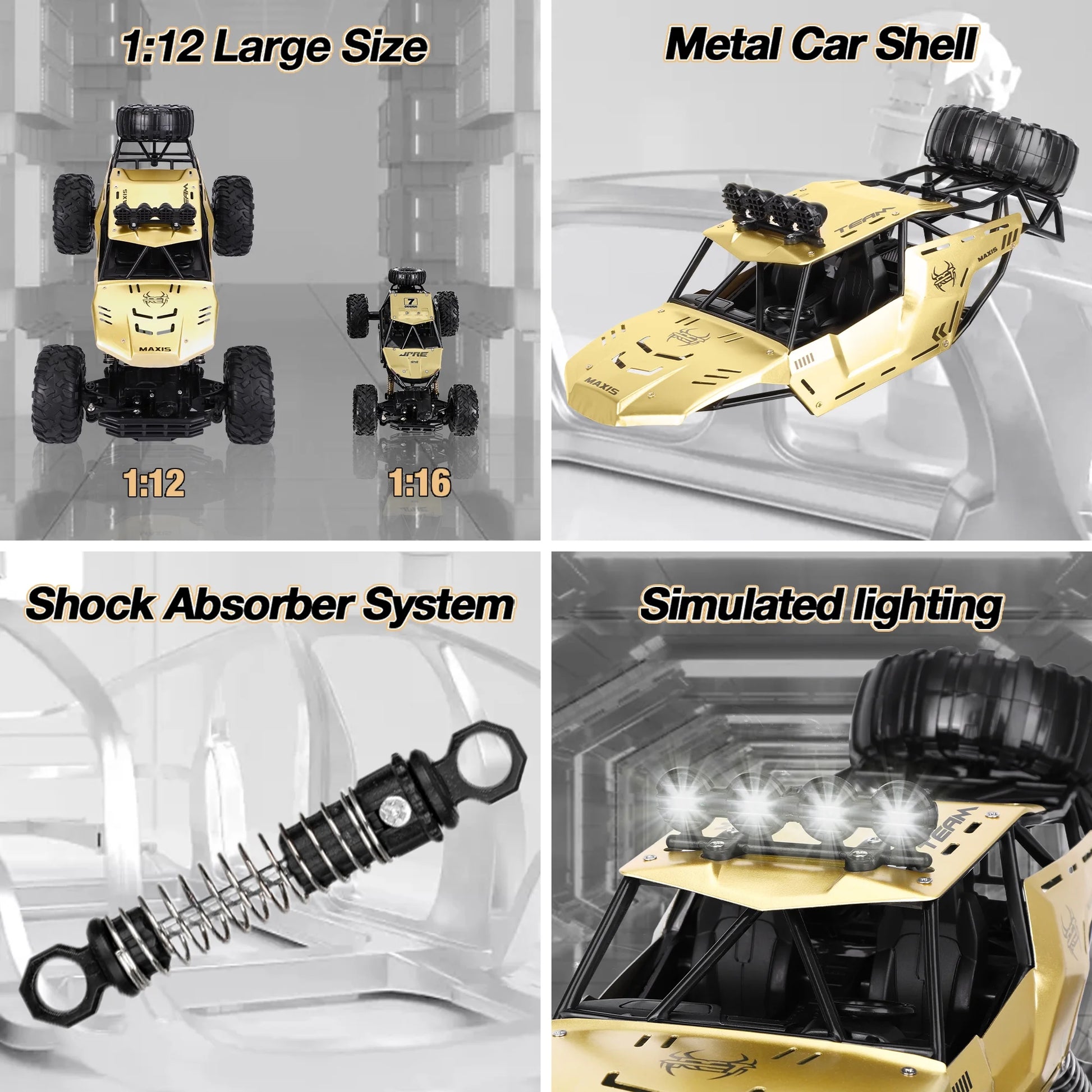 1:12 Large RC Cars, 4WD Large Remote Control Monster Truck 2.4 Ghz Alloy RC Cars for Kids Adults Aged 6 + Birthday Gifts (Gold)