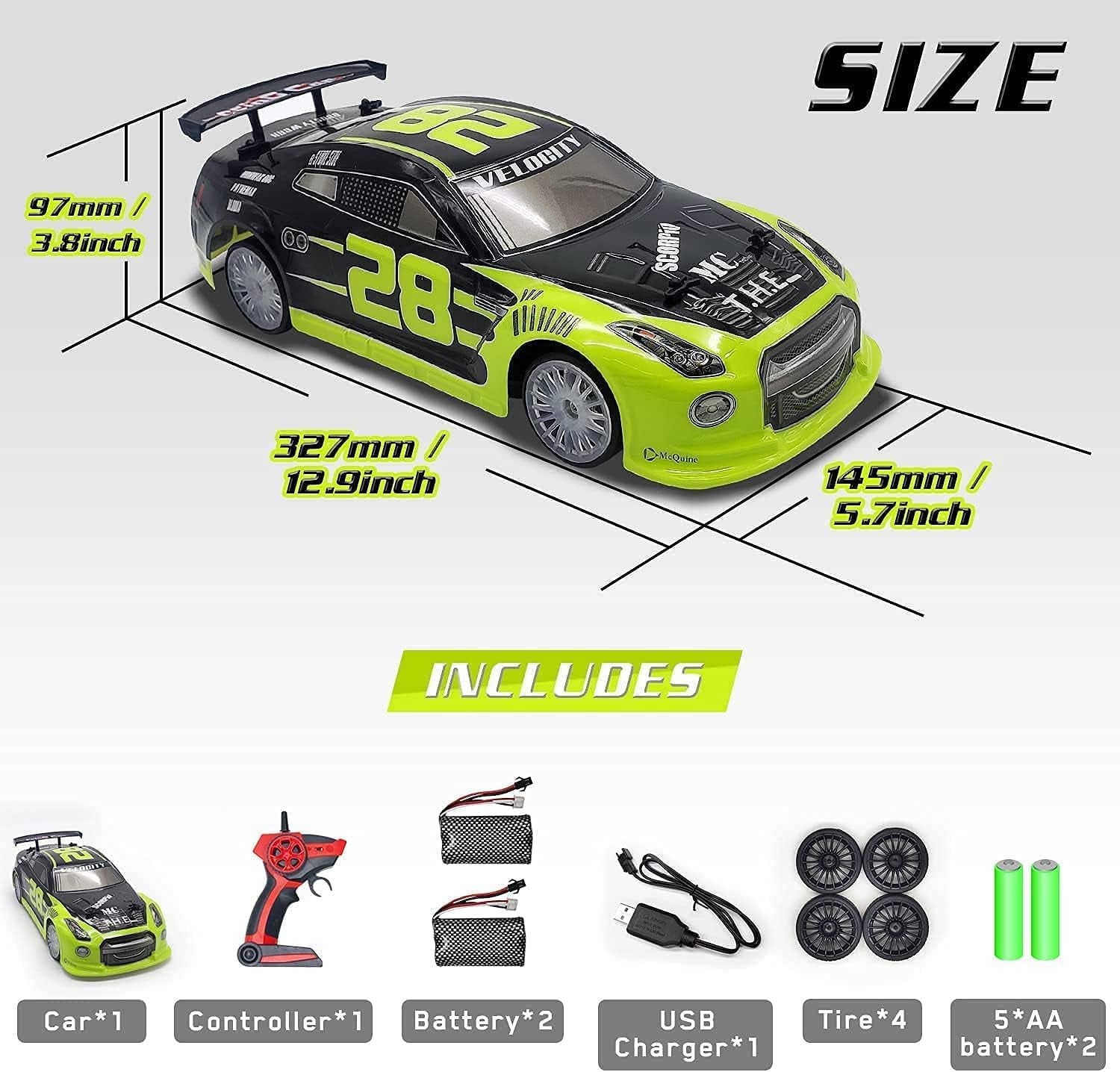 RACENT RC Drift Car - 1:14 Scale 4WD 15MPH Fasr Remote Control Toy with Drifting & Racing Tires, 2 Rechargeable Batteries, Gifts for Boys Kids Adults (Green)