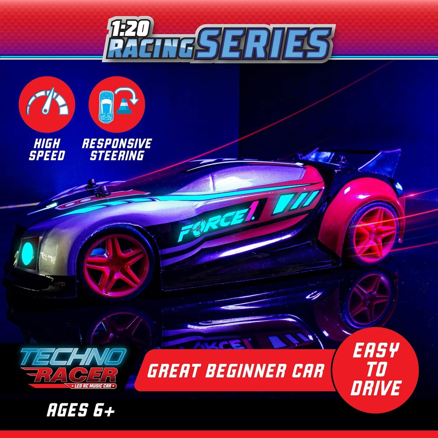 Techno Racer Remote Control Car for Kids - LED RC, High Speed Race Drift Toy with Music, Engine Sounds, Light up Car Shell, and Easy Remote Control (Red)