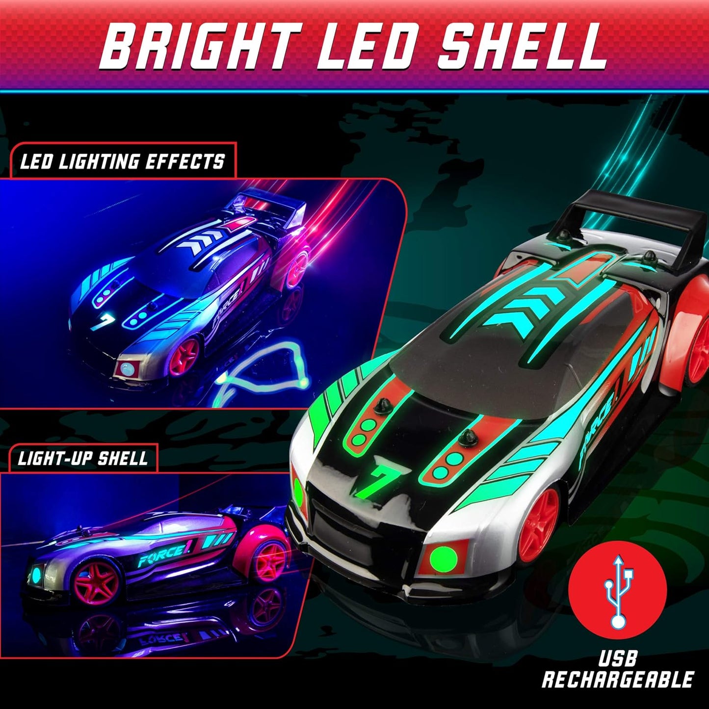 Techno Racer Remote Control Car for Kids - LED RC, High Speed Race Drift Toy with Music, Engine Sounds, Light up Car Shell, and Easy Remote Control (Red)