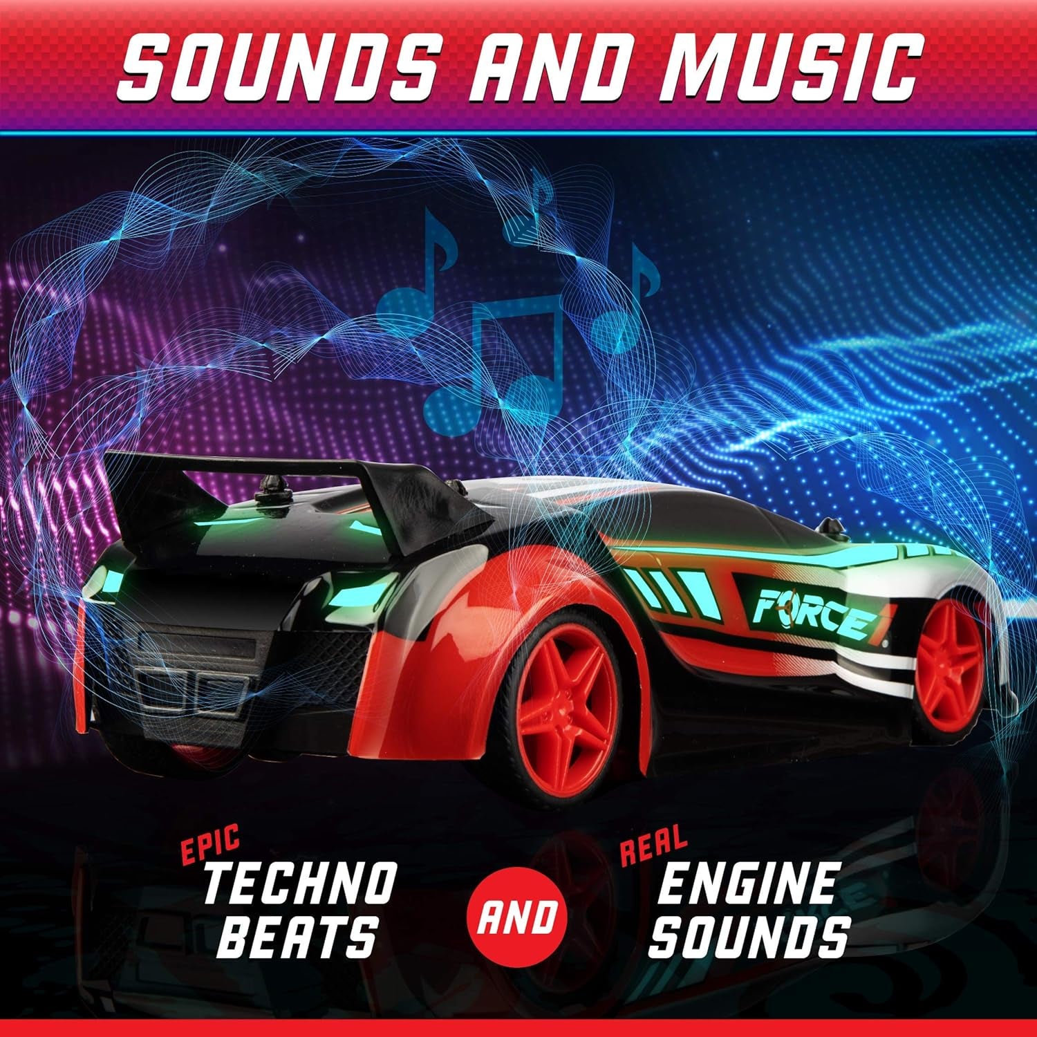 Techno Racer Remote Control Car for Kids - LED RC, High Speed Race Drift Toy with Music, Engine Sounds, Light up Car Shell, and Easy Remote Control (Red)