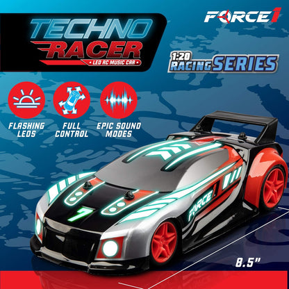 Techno Racer Remote Control Car for Kids - LED RC, High Speed Race Drift Toy with Music, Engine Sounds, Light up Car Shell, and Easy Remote Control (Red)