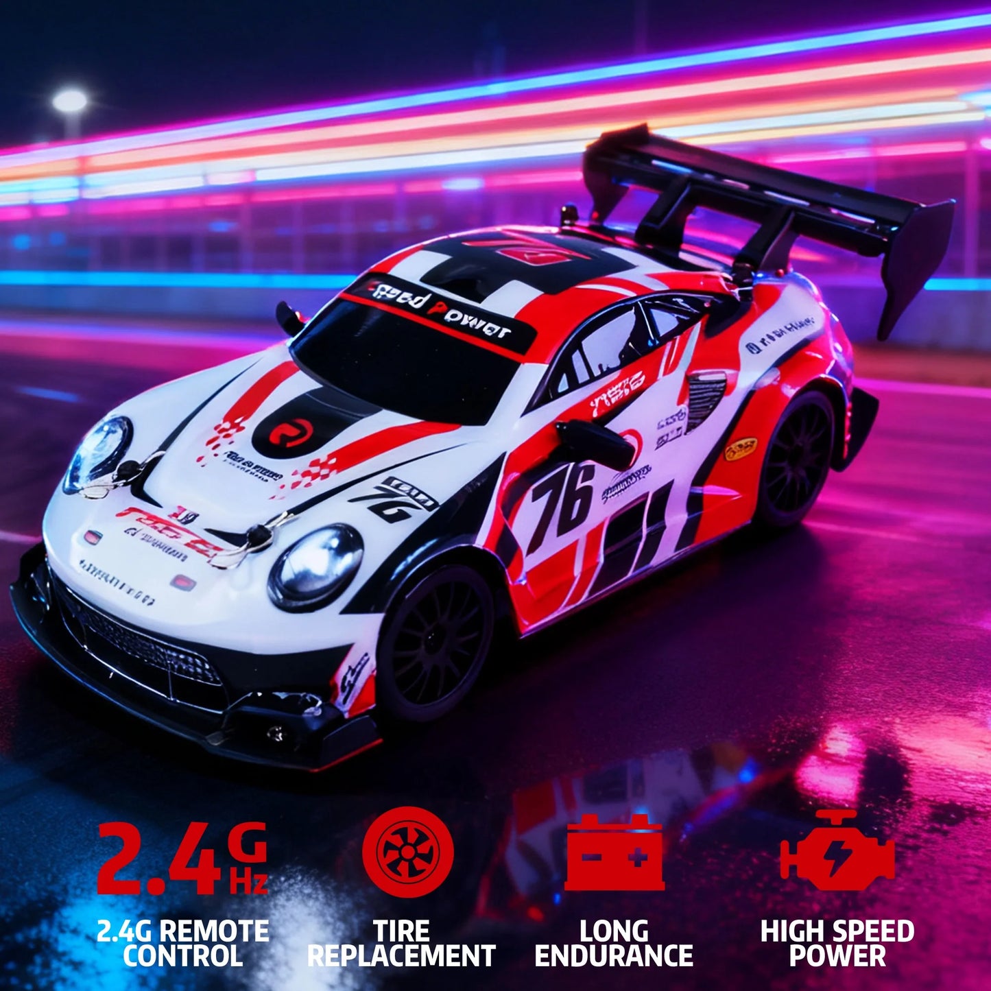 RC Drift Car 1/24 2.4Ghz 4WD High Speed Remote Control Cars Vehicle with LED Lights, 30KM/H RC Race Car Toys for Boys Kids Adults