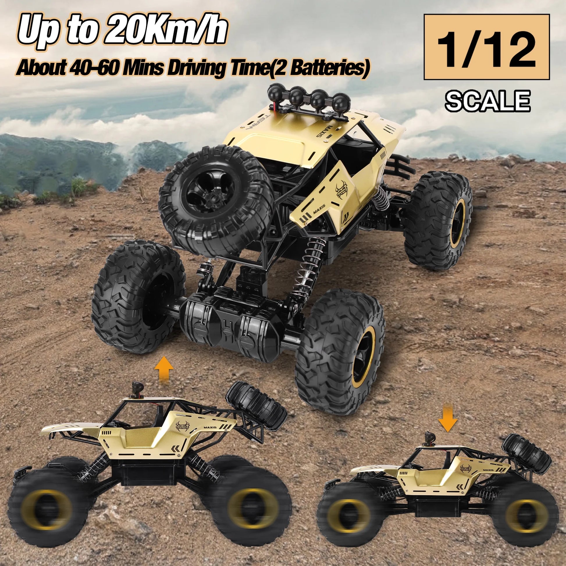 1:12 Large RC Cars, 4WD Large Remote Control Monster Truck 2.4 Ghz Alloy RC Cars for Kids Adults Aged 6 + Birthday Gifts (Gold)