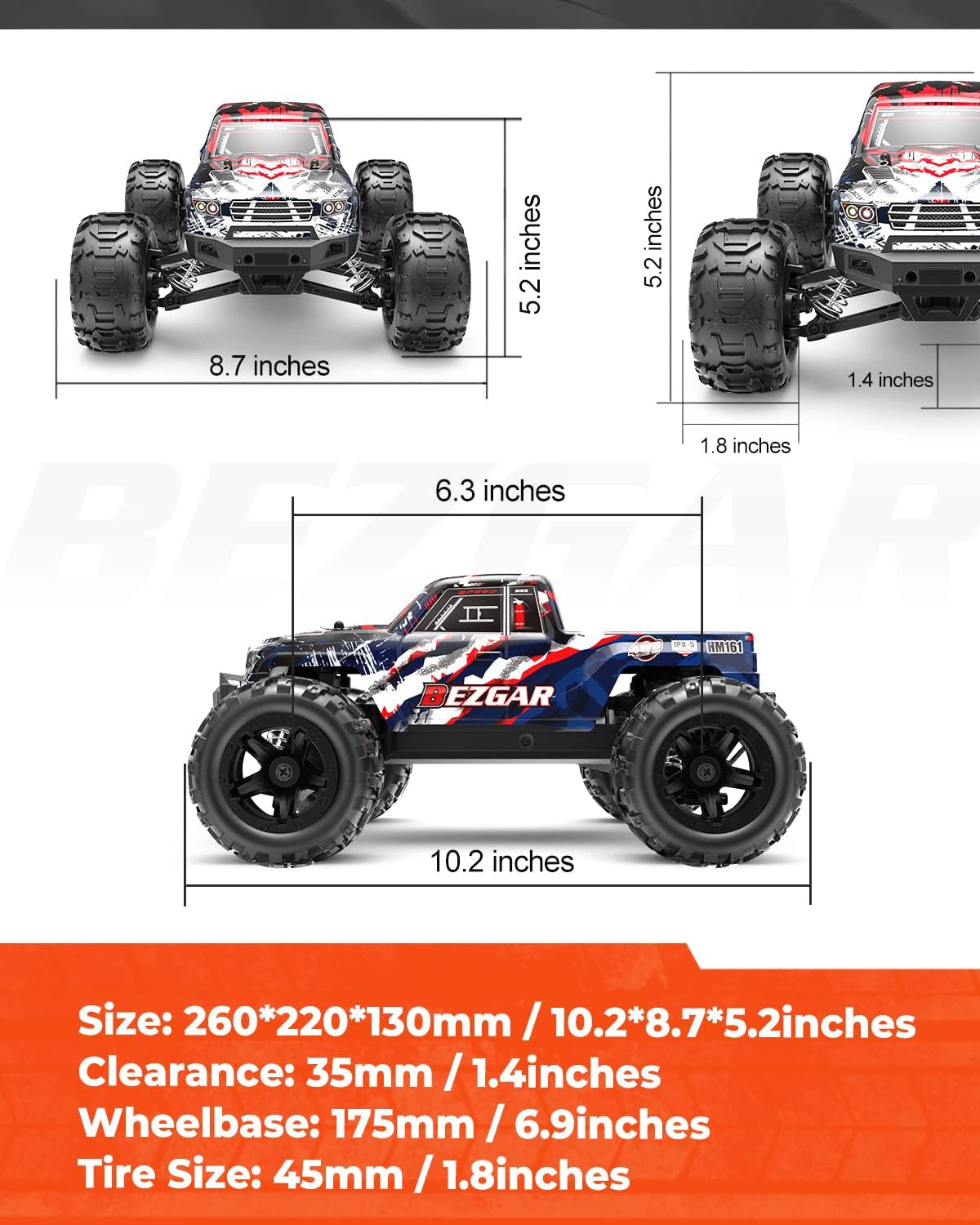 HM161 Hobby Grade 1:16 Scale Remote Control Truck, 4WD High Speed 40+ Kmh All Terrains Electric Toy off Road RC Vehicle Car Crawler with 2 Rechargeable Batteries for Boys Kids and Adults