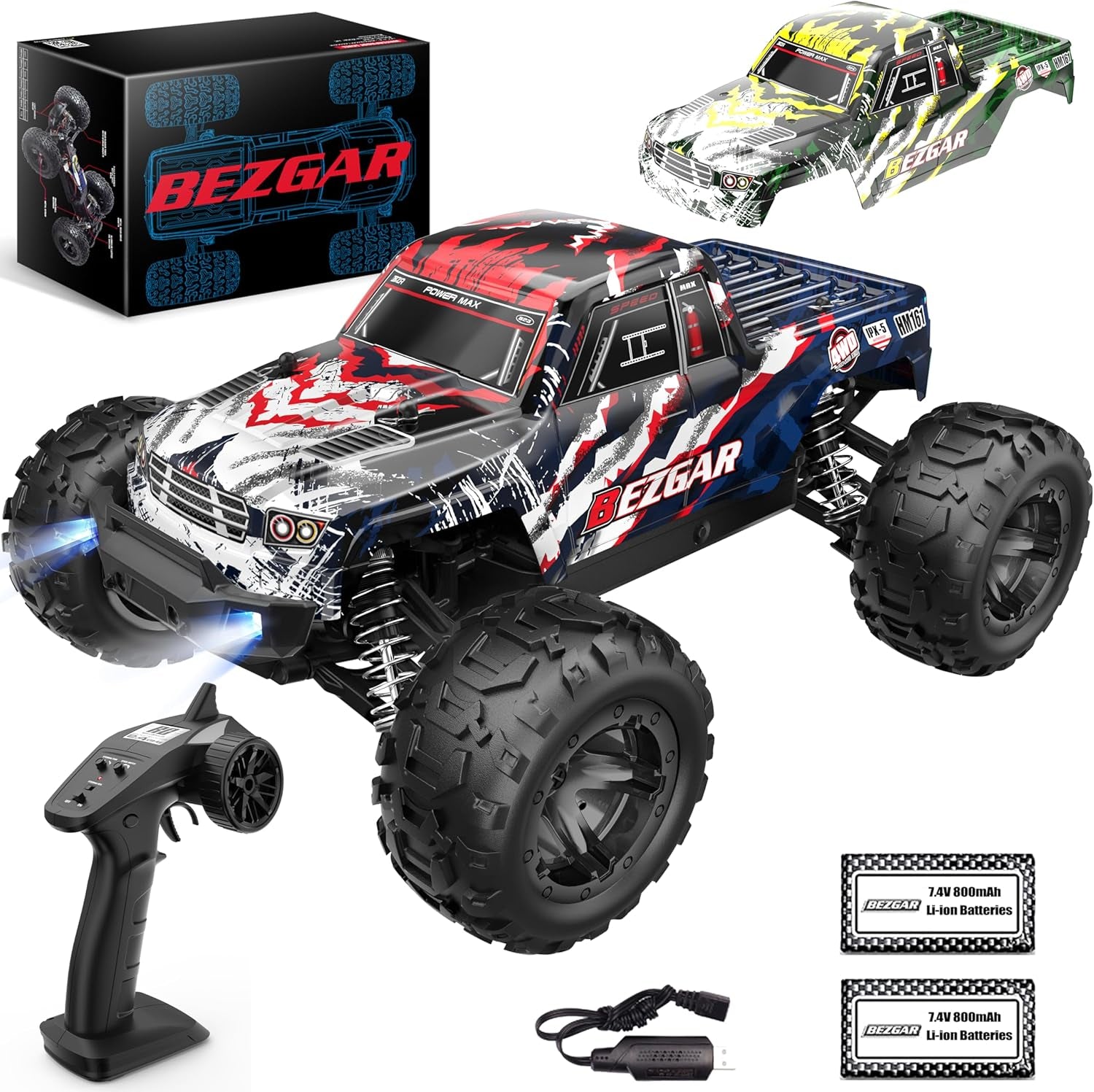 HM161 Hobby Grade 1:16 Scale Remote Control Truck, 4WD High Speed 40+ Kmh All Terrains Electric Toy off Road RC Vehicle Car Crawler with 2 Rechargeable Batteries for Boys Kids and Adults
